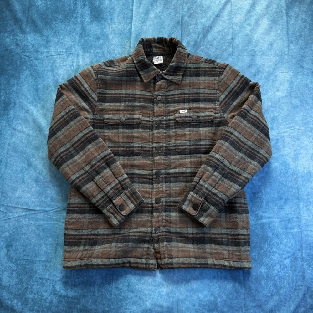 Lee Sherpa Lined Plaid Chore Jacket Brown Snap Front Workwear Men's S